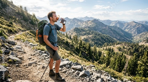 Adventurous Male Hiker Drinking Water on a Scenic Mountain Trail, Outdoor Trekking and Hydration Concept