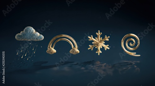 Golden weather icons on a dark background