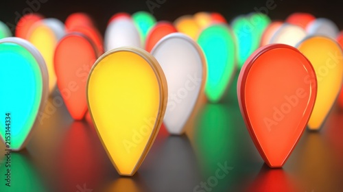 Multicolored map pins on dark surface
