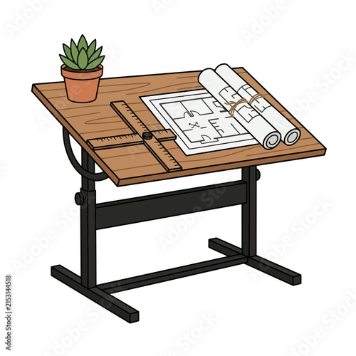 Drafting table with architectural blueprint rolls and tools in studio