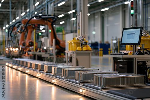 Clean battery recycling facility with sorted electric vehicle modules and robotic handling showcasing circular recovery of critical materials