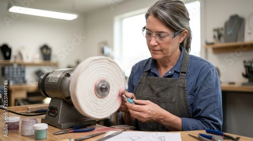 Skilled Female Jeweler Polishing a Turquoise Pendant on a Bench Grinder in Her Studio Workshop