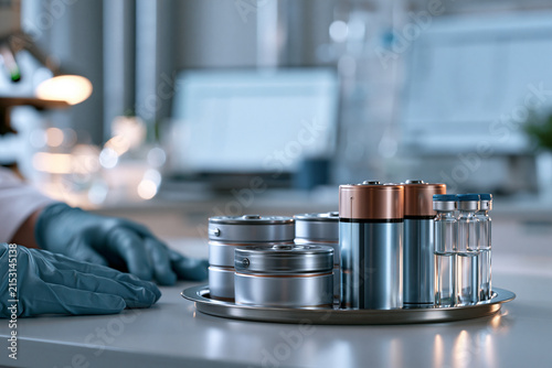 Modern materials recovery laboratory with lithium ion battery cells sample vials and analysis screen showcasing circular battery economy