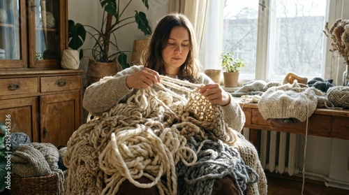 Young Woman Knitting Large Chunky Wool Blanket in Cozy Rustic Home Studio