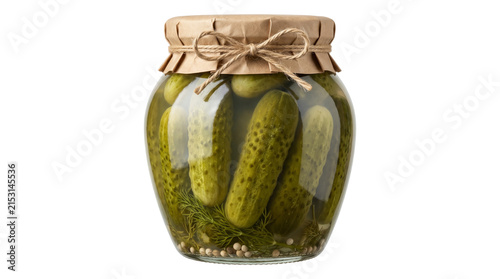 A glass jar filled with tasty green pickled cucumbers and a rustic paper lid cover