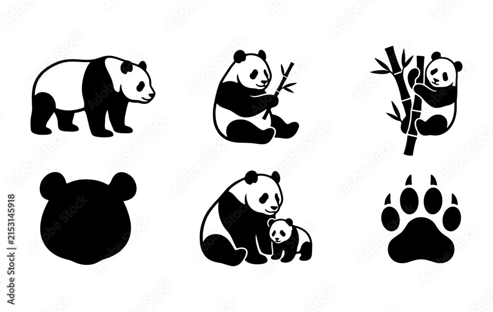 Obraz premium Panda Bear Vector Icons Set, Cute Giant Panda Graphics, Wildlife Animal Illustrations, Bamboo Forest Scenes, Black and White Silhouette Collection