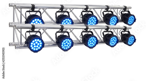 Stage lighting truss system with bright blue led spotlights for concert events