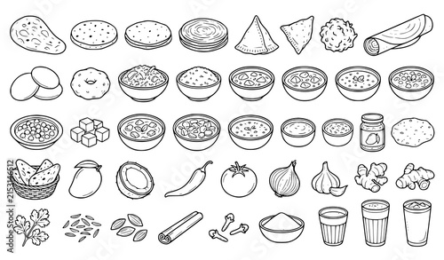 Indian food, traditional dishes, spices, and beverages line art vector icons set isolated on white background