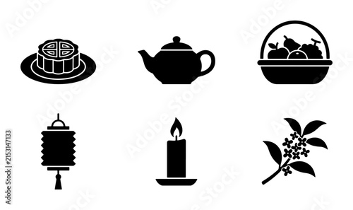 Chinese Festival Icons Set: Mooncake, Teapot, Fruit Basket, Lantern, Candle, Coffee Branch, Vector Graphics for Celebration and Culture