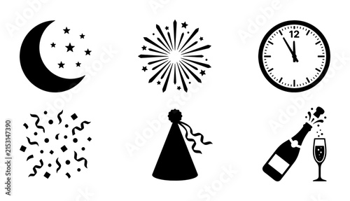 New Year's Eve Celebration Icons Set: Moon, Stars, Fireworks, Clock, Confetti, Party Hat, Champagne Bottle Toast, Vector Graphics for Festive Design