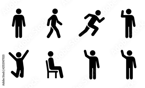 Diverse Human Figure Icons Set: Walking, Running, Waving, Jumping, Sitting, Standing Silhouettes for Business, Lifestyle, and Health Applications