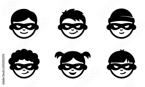 Set of 6 Diverse Cartoon Bandit Faces, Vector Icons for Security and Mischief Concepts, Black and White Simple Design