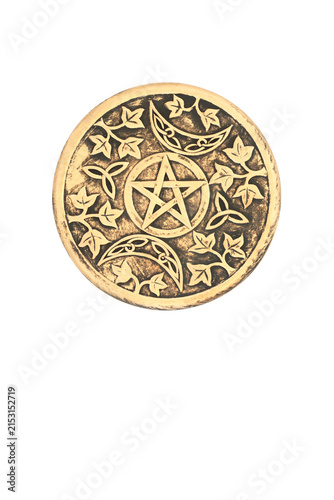 White magic old brass ornate pentagram symbol on white background. Wiccan witchcraft occult tool used in rituals and ceremonies. Not copyrighted.