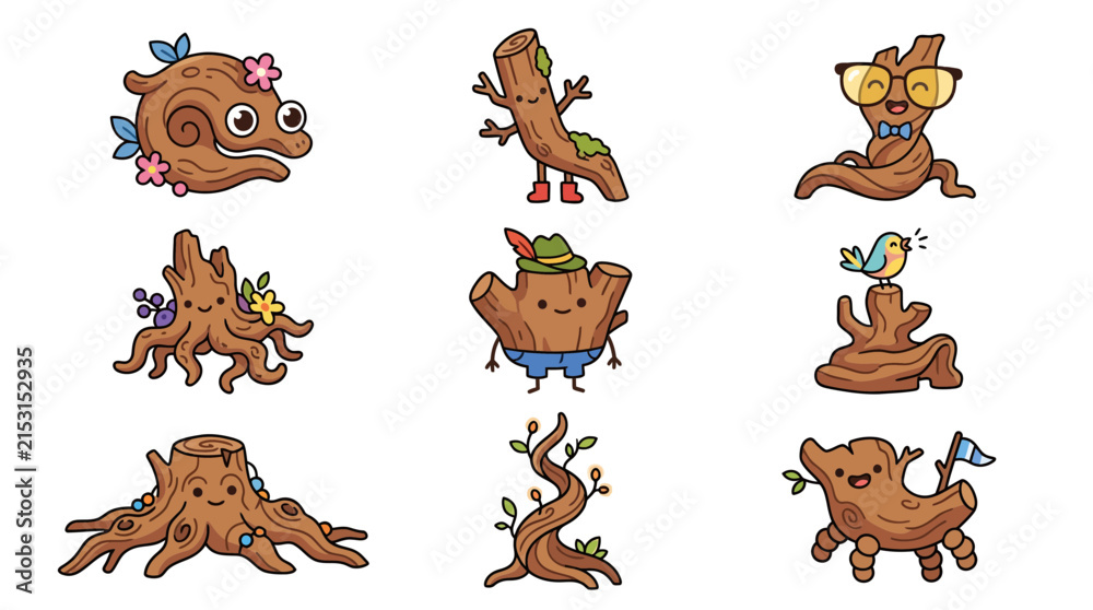 Fototapeta premium Cute tree stump and log characters with forest-inspired details and accessories.