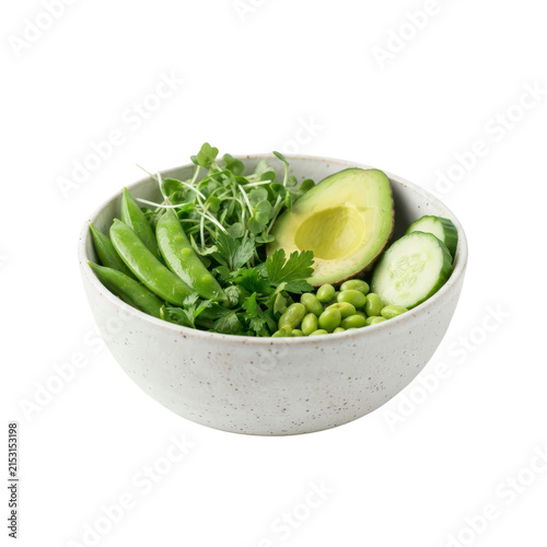 Green vegetable salad bowl isolated on transparent background
