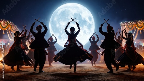 Sharad Purnima Garba Night poster with dandiya dancers - Indian festival banner.