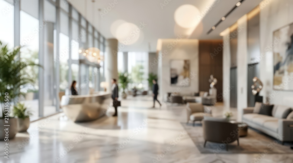 Fototapeta premium wide view of a blurred luxury hotel lobby, modern reception desk with guests, bright spacious lounge area with designer furniture and polished marble flooring.