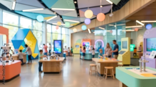 blurred interior of a modern interactive children's science center with colorful educational exhibits and learning stations.