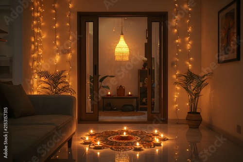 Warm home interior with decorative lights and candles
