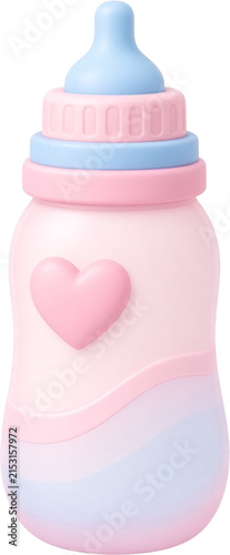 Cute pink and blue pastel 3D baby bottle with heart for newborn feeding, milk, formula, nursery and childcare isolated on white background