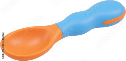 Colorful 3D baby feeding spoon with orange and blue handle for infant weaning, toddler mealtime and baby tableware isolated on white background
