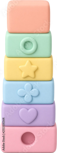 Cute pastel 3D baby stacking block toy with colorful pieces for toddler learning, Montessori education, sensory play and nursery isolated on white background