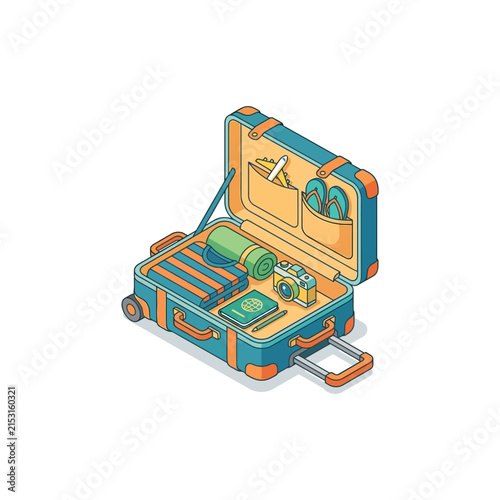 An open suitcase is packed with essential items for a trip
