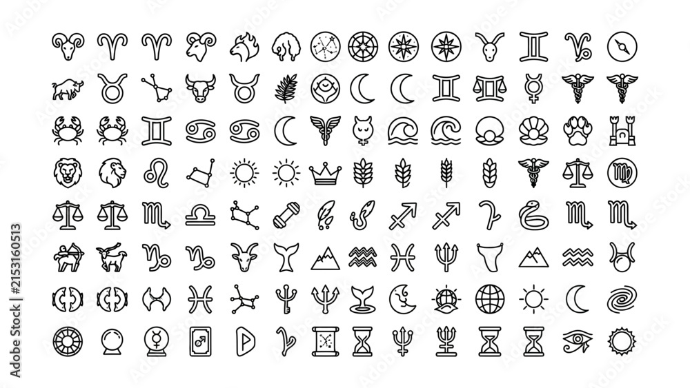 Obraz premium Detailed Collection of Ancient Symbols and Astrological Signs with Transparent Background for Design Projects