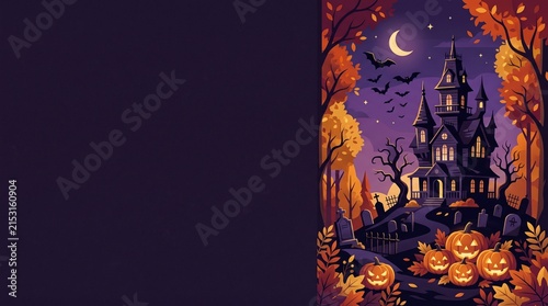 Mystical haunted castle silhouette surrounded by autumn trees under a moonlit night sky