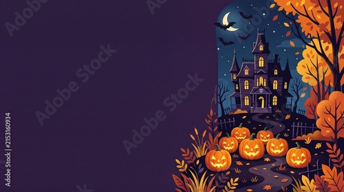 Whimsical autumn pumpkins and haunted castle illustration with warm foliage and moonlit sky