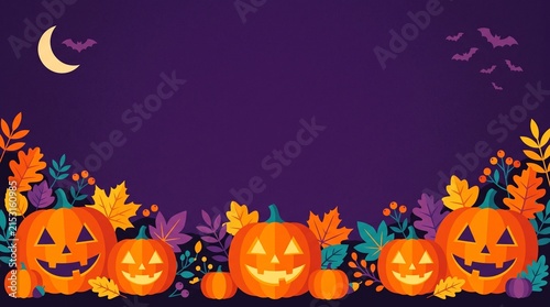 Colorful Halloween pumpkins and bats under a full moon with festive autumn decorations