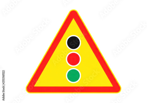 A yellow triangular traffic sign depicting a red traffic light with three circles, symbolizing caution and traffic regulation for road safety.