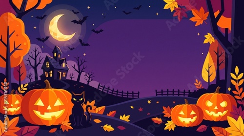 Vibrant Halloween pumpkin illustration with eerie moonlit graveyard scene and autumn leaves