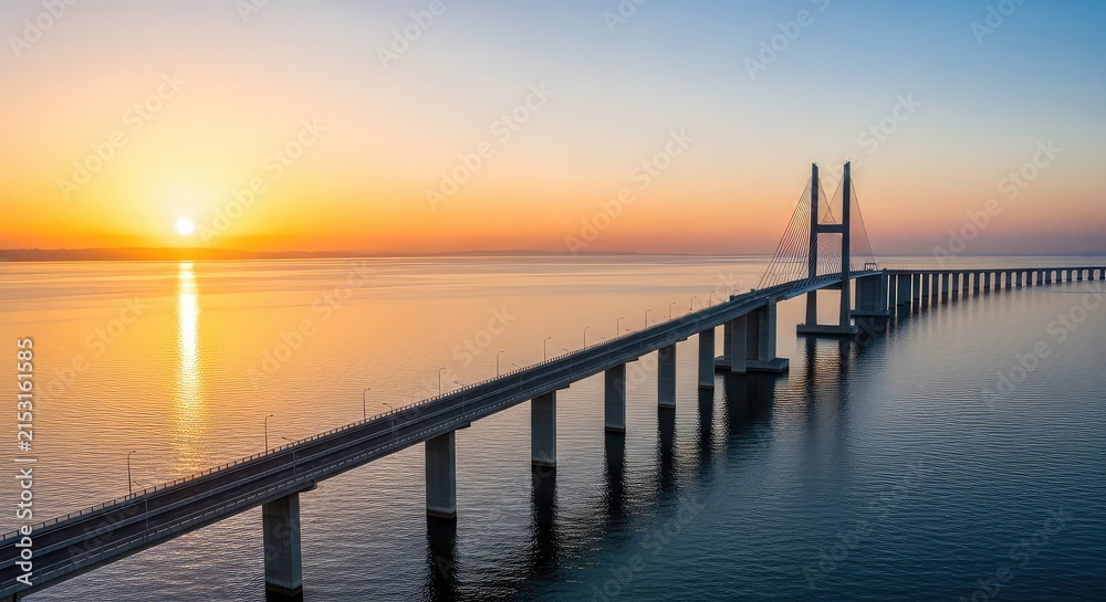 Fototapeta premium A wide aerial perspective of a long concrete bridge spanning across the calm sea while the bright morning sun rises on the distant horizon, road, path, water