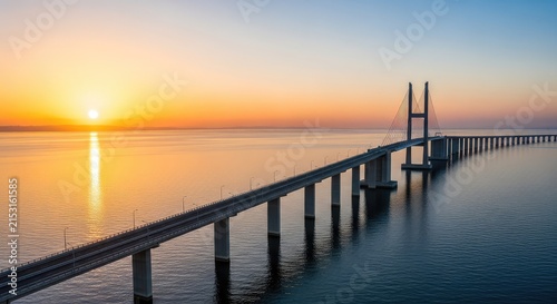 A wide aerial perspective of a long concrete bridge spanning across the calm sea while the bright morning sun rises on the distant horizon, road, path, water