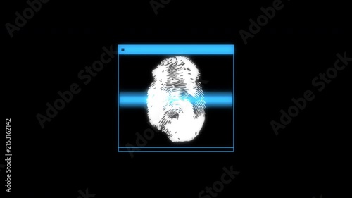 ingerprint scanner interface with a glowing blue scan frame and white fingerprint-like digital pattern on a black background