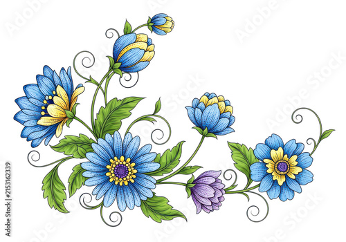 Decorative blue and yellow floral arrangement with swirling vines and green leaves, perfect for elegant borders and artistic embellishments.