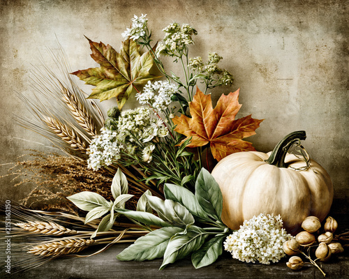 Vintage Autumn Harvest Still Life with Pumpkin – AI Generative