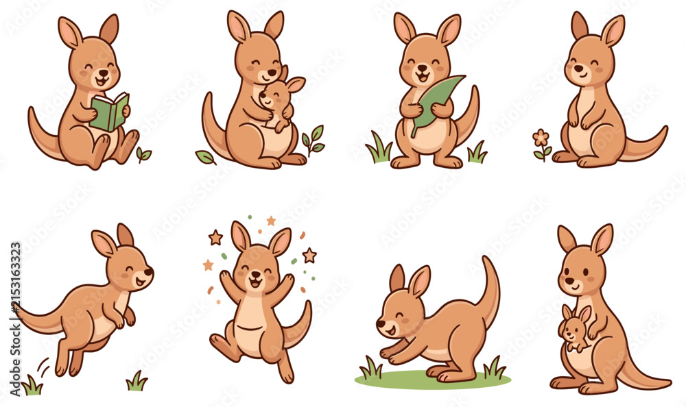 Fototapeta premium Cute Cartoon Kangaroo and Joey Vector Character Icon Set for Kids Storybooks Nursery Wall Art Baby Shower Invitations and Educational Sticker Graphic Designs