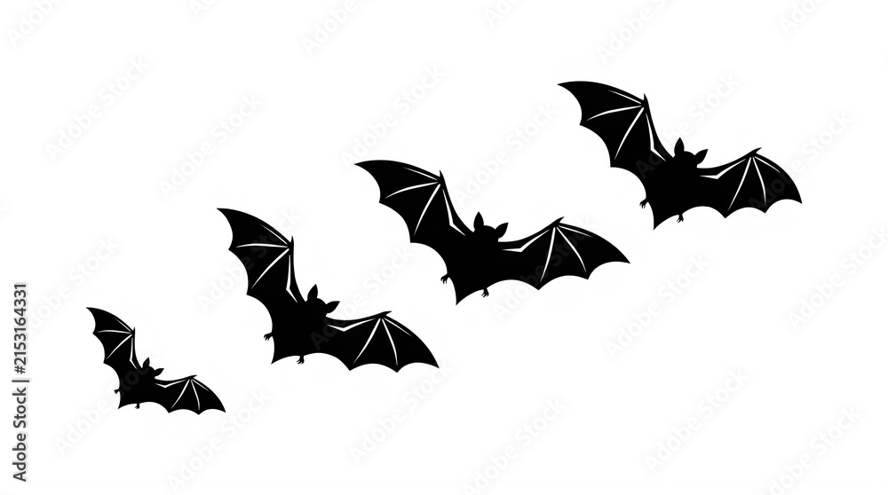 Fototapeta premium Four silhouetted bats flying in formation isolated on transparent background
