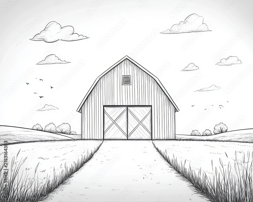 Obraz premium Cute Rural Farm Barn Graphic Black And White Vector Line Art Sketch Isolated Illustration Content