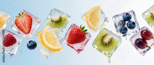 Colorful fruit frozen in clear ice cubes floats on a pale blue background, creating a fresh summer food concept of cooling and refreshment.