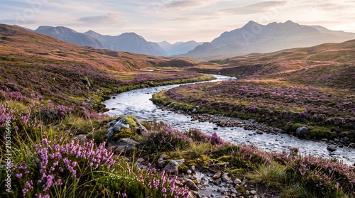 A winding river flowing through a colorful valley with wildflowers and mountains in the distance
