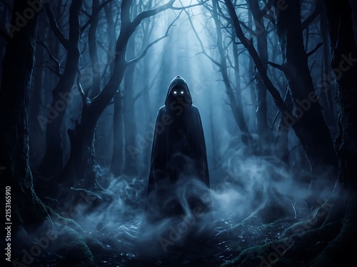 A mysterious dark hooded figure with glowing eyes standing in a foggy forest at night creating a scary and spooky atmosphere
