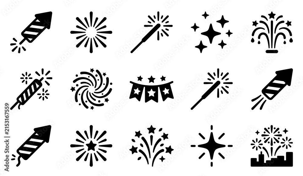 Fototapeta premium Set of black and white fireworks and celebration icons for holiday events and festive party design elements