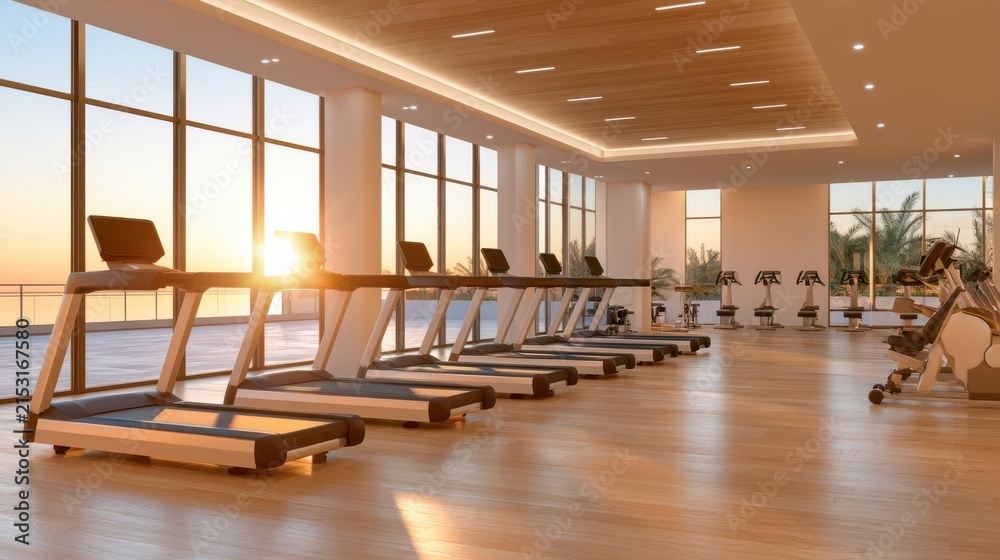 Fototapeta premium Modern fitness studio interior with rows of treadmills during golden hour