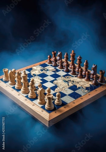 A wooden chessboard sits in a dark blue atmosphere with traditional pieces set against a global map backdrop, symbolizing geopolitical tension, offense, defense, pieces