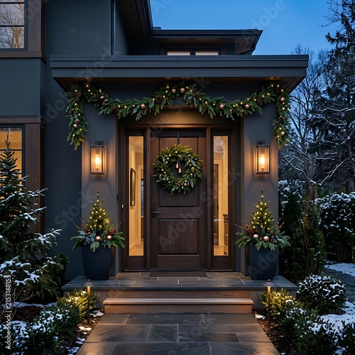 Beautifully Decorated House Entrance With Holiday Lights And Greenery