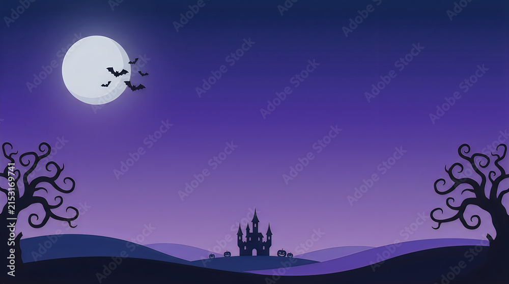 Fototapeta premium Enchanting Halloween scene with spooky trees haunted castle pumpkins and bats under a purple gradient moonlit sky