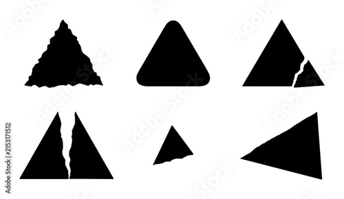 Foto Set of Six Black Triangle Shapes, Geometric Forms with Textured and Cracked Edge